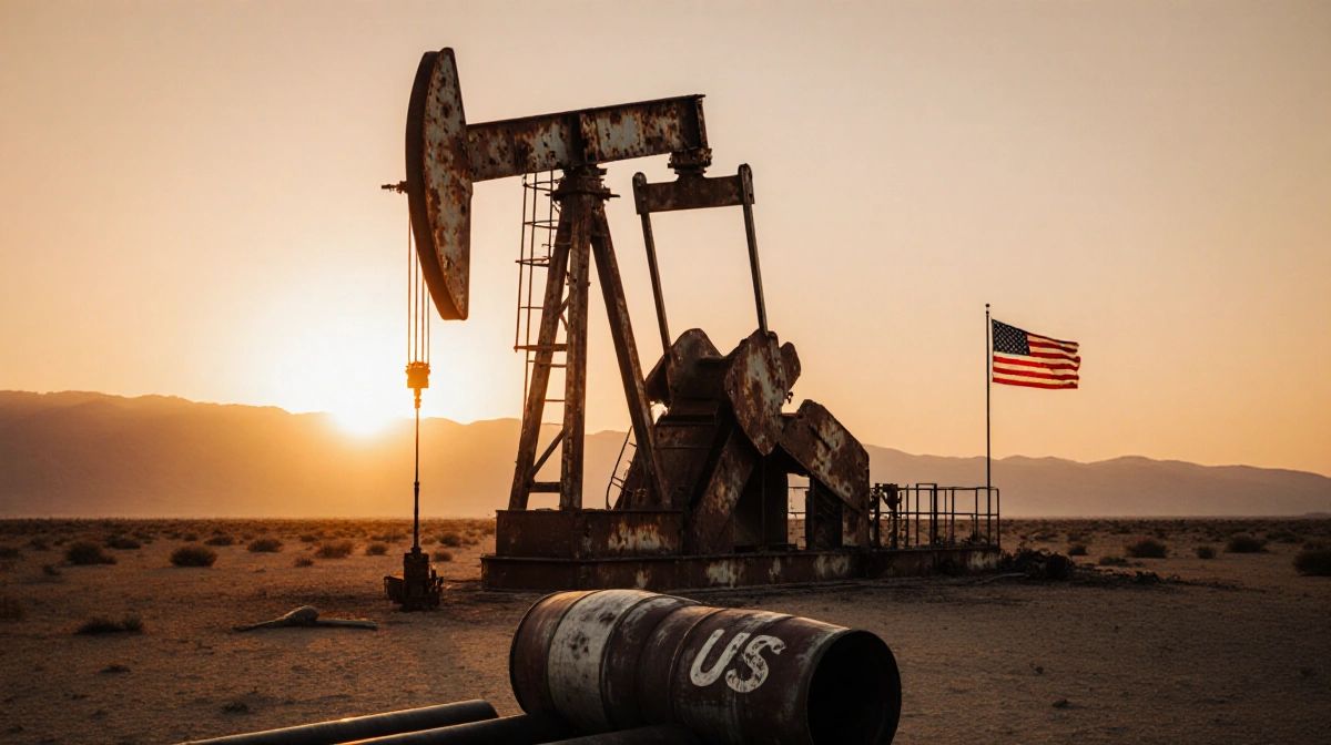 Oil drilling rig standing alone in the Venezuelan desert with a sunset orange glow and scattered barrels