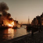 Fire boat chases sinking vessel with smoke from buildings and orange glow on harbor.