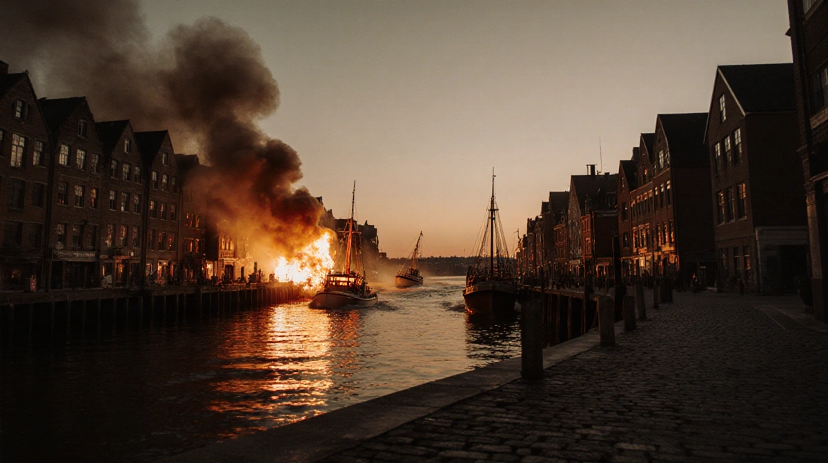 Fire boat chases sinking vessel with smoke from buildings and orange glow on harbor.