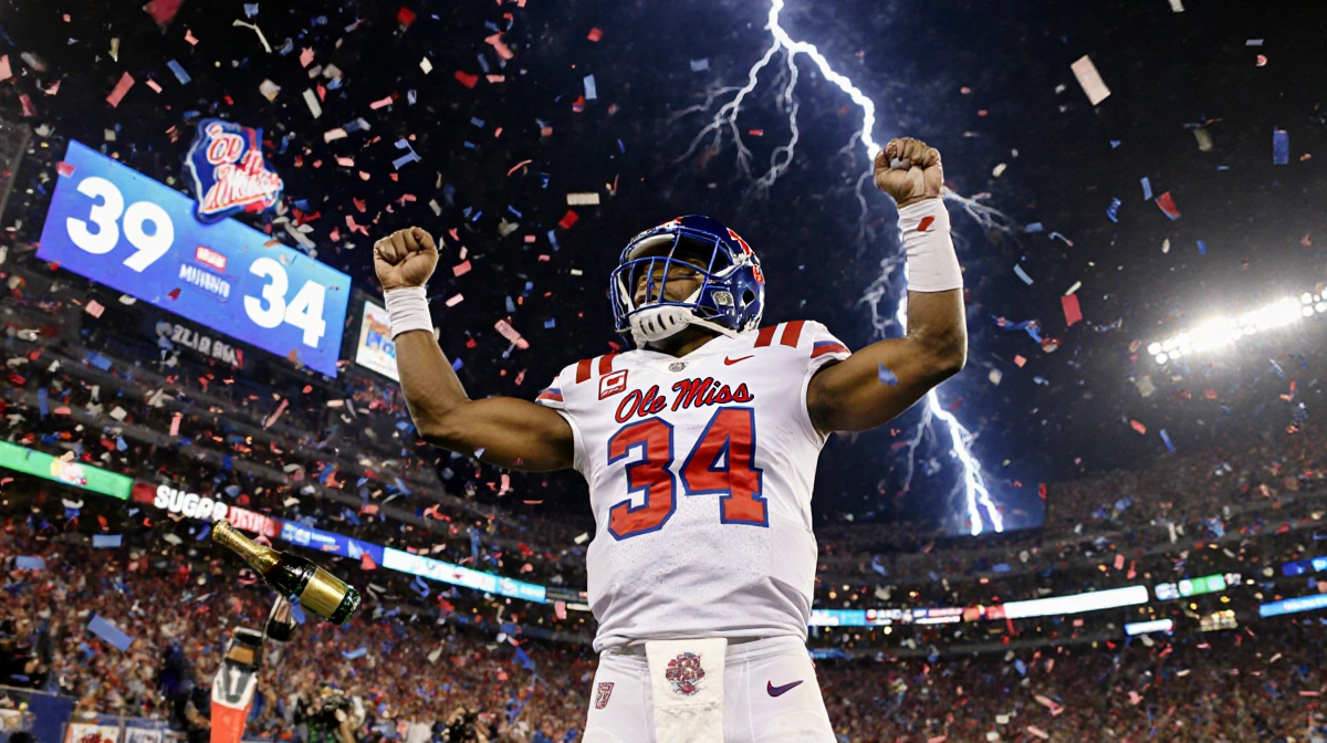 Trinidad Chambliss raises arms with confetti and champagne in front of a 39-34 scoreboard and flashing stadium lights