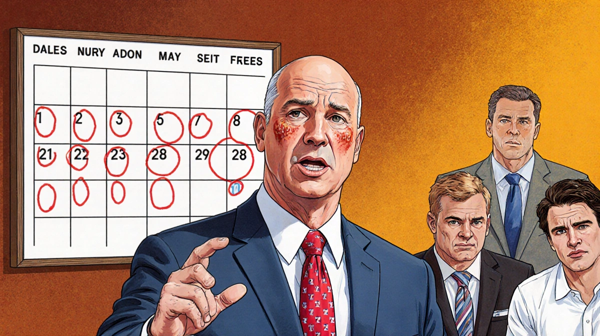 Ole Miss coach Pete Golding speaking with frustration before a calendar board highlighting dates and exhausted players nearby