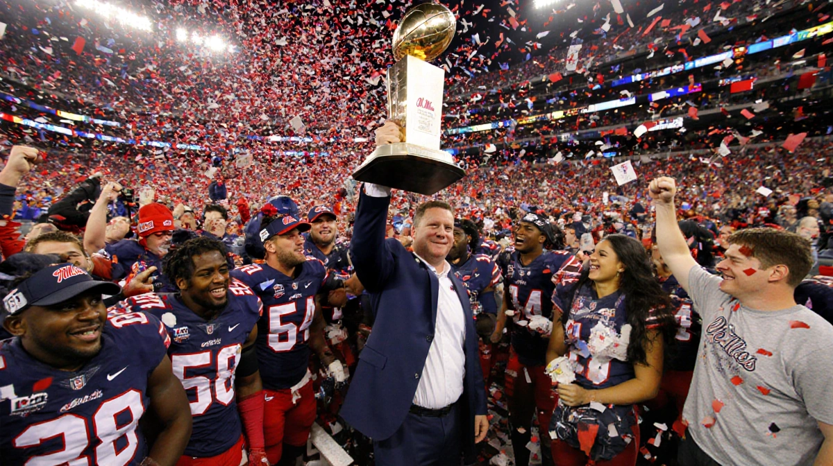 Ole Miss players celebrate victory with confetti and a trophy in hand near Coach Kirby Smart.