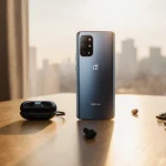 Sleek OnePlus 15 smartphone glowing softly with natural light on warm wooden desk near cityscape background