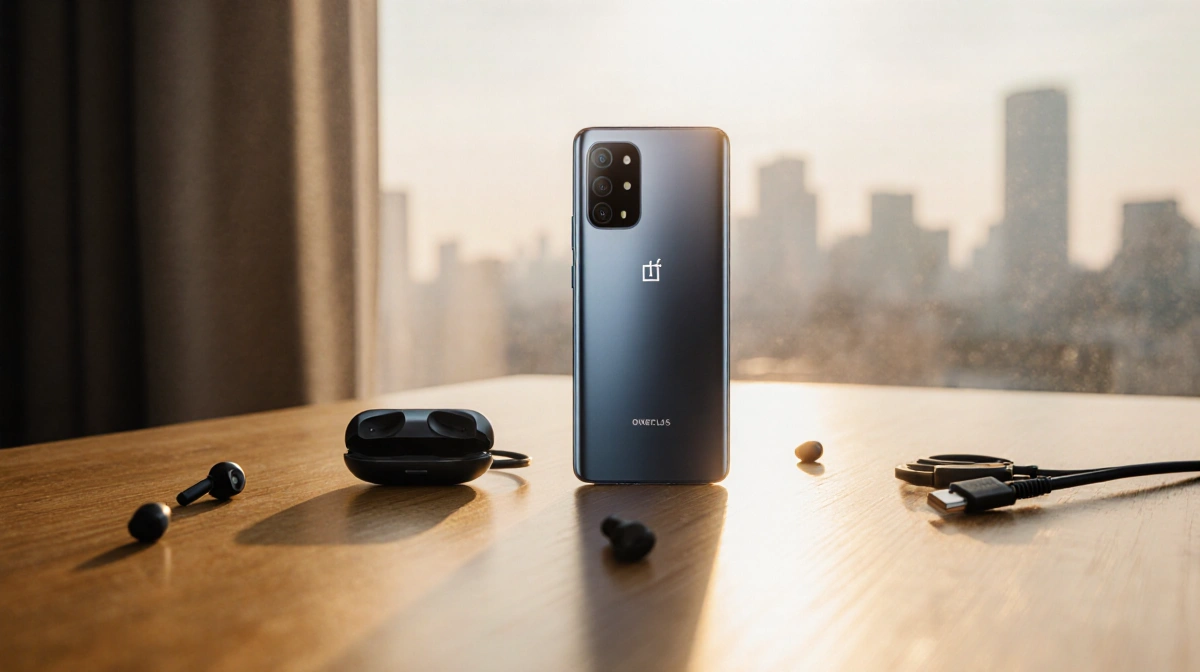 Sleek OnePlus 15 smartphone glowing softly with natural light on warm wooden desk near cityscape background