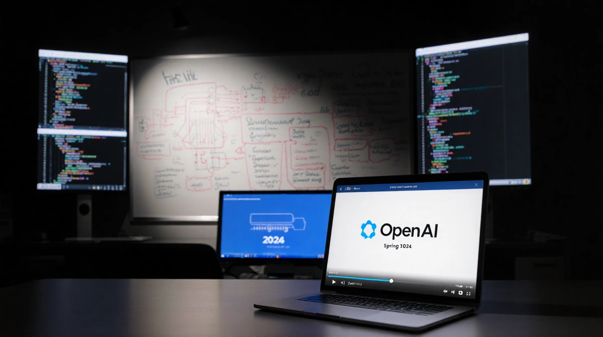 OpenAI spring 2024 video plays on laptop with whiteboard notes and code-filled screens behind