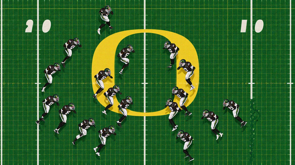 Second-ranked Oregon defense players aligning in mid-action with helmets and pads grid pattern background Rose Bowl outline