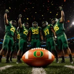 Oregon Ducks football players celebrate victory around a gleaming orange football with arms raised in a stadium vortex.