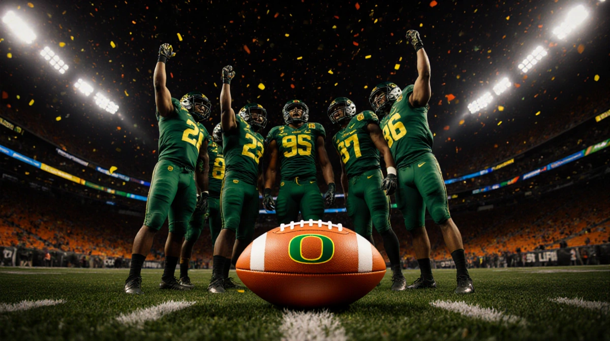 Oregon Ducks football players celebrate victory around a gleaming orange football with arms raised in a stadium vortex.