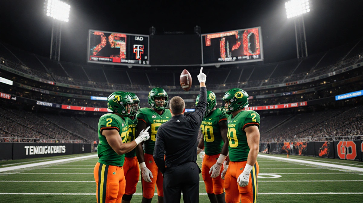 Oregon Ducks huddle celebrating shutout with coach leading and scoreboard showing 23-0 Texas Tech stadium empty behind.