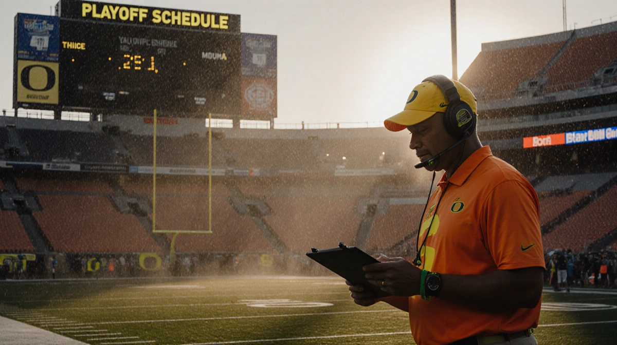 Coach in Oregon orange and yellow gear reviews a tablet on a wet field with sunset shadows and a scoreboard showing Playoff