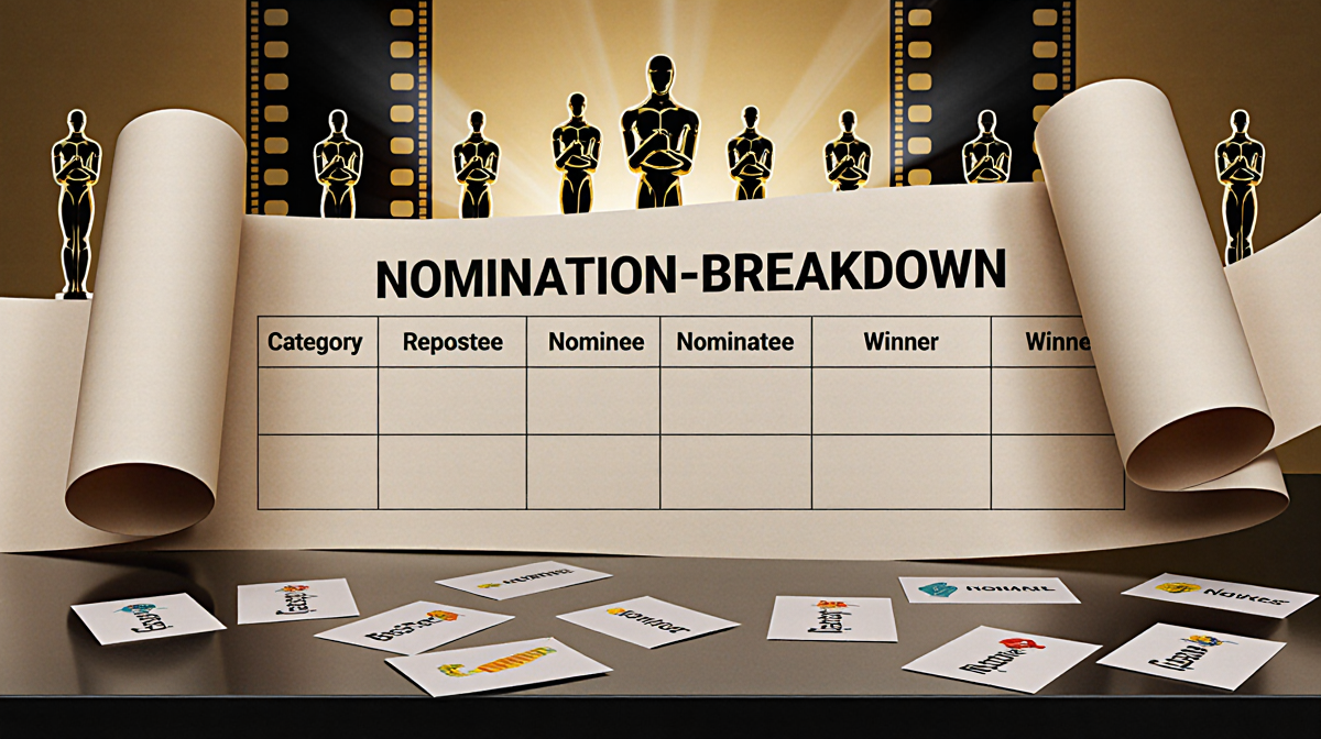 Table displays nomination grid with highlighted Oscar cards against film strip background.