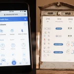 Smartphone sits beside medical cabinet with split-screen of Oura health panel and Whoop lab tests showing tech contrast
