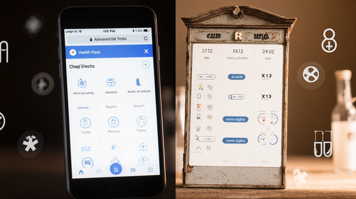 Smartphone sits beside medical cabinet with split-screen of Oura health panel and Whoop lab tests showing tech contrast
