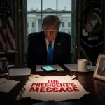 President staring at red message on torn paper with phone glow lighting his frustrated face in a cluttered desk.