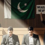 Three shackled journalists sit with eyes down while a glow from the judge