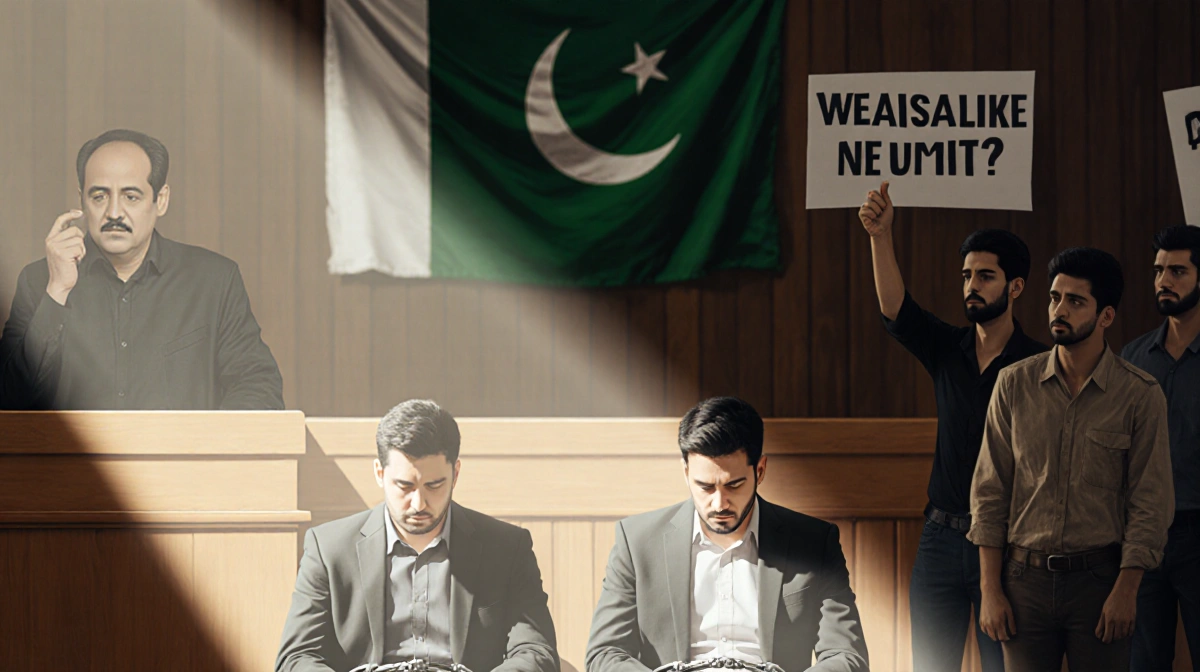 Three shackled journalists sit with eyes down while a glow from the judge