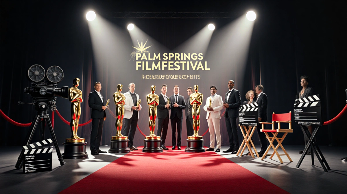 Award winners proudly standing on red carpet with gold trophies and silver statuettes under spotlights in cinema