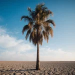Palm tree standing tall with sunlit fronds and raindrops on its trunk amid cracked winter earth