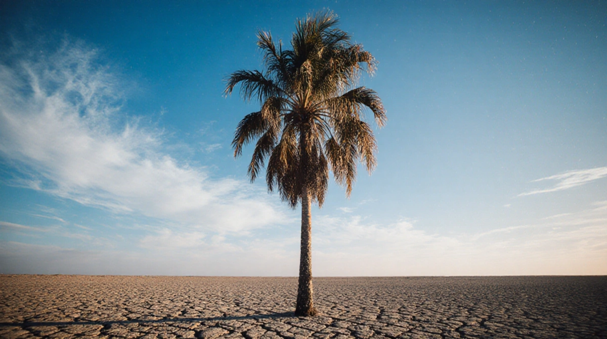 Palm tree standing tall with sunlit fronds and raindrops on its trunk amid cracked winter earth