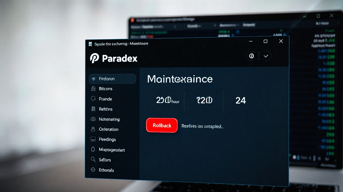 Computer screen showing Paradex exchange console with red rollback button and countdown timer restoring trading state