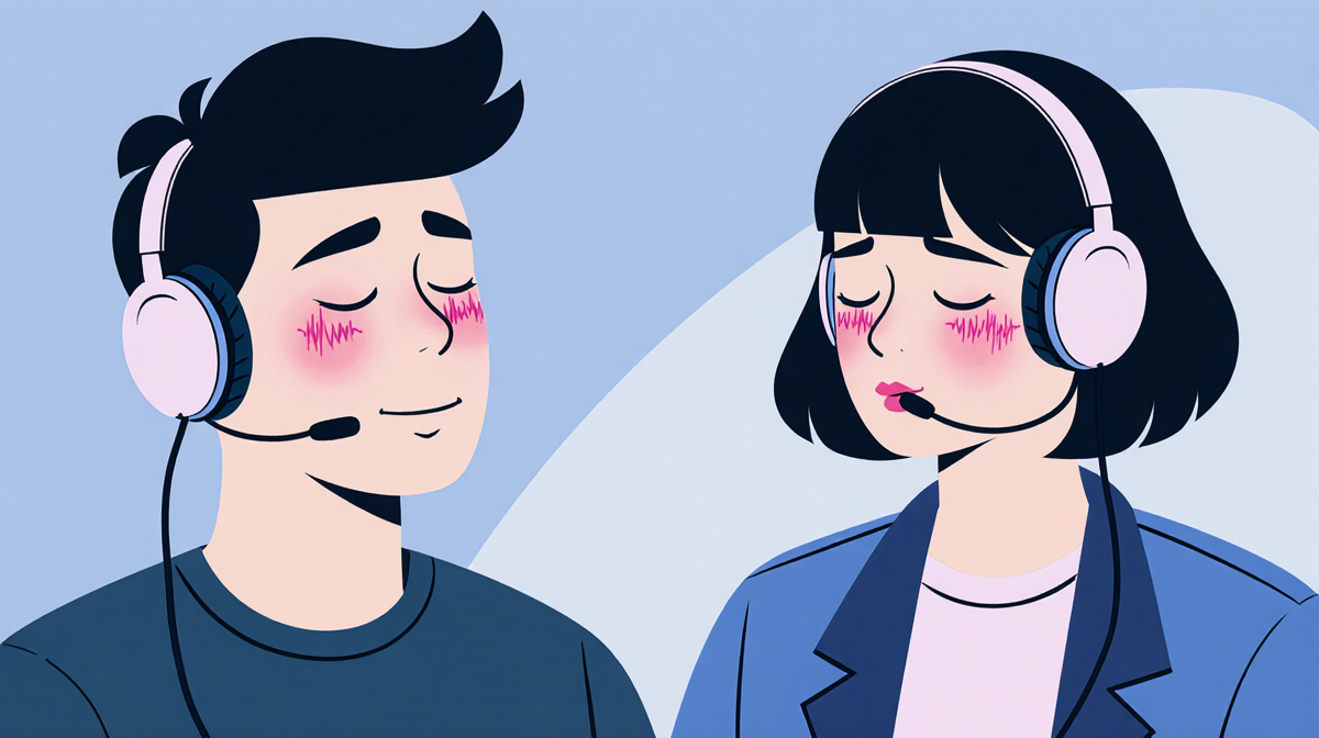 Two participants listening to music with headphones and left one relaxed with closed eyes while right one open shows relief