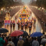 Floats parade past soaked spectators with umbrellas and twinkling lights above.