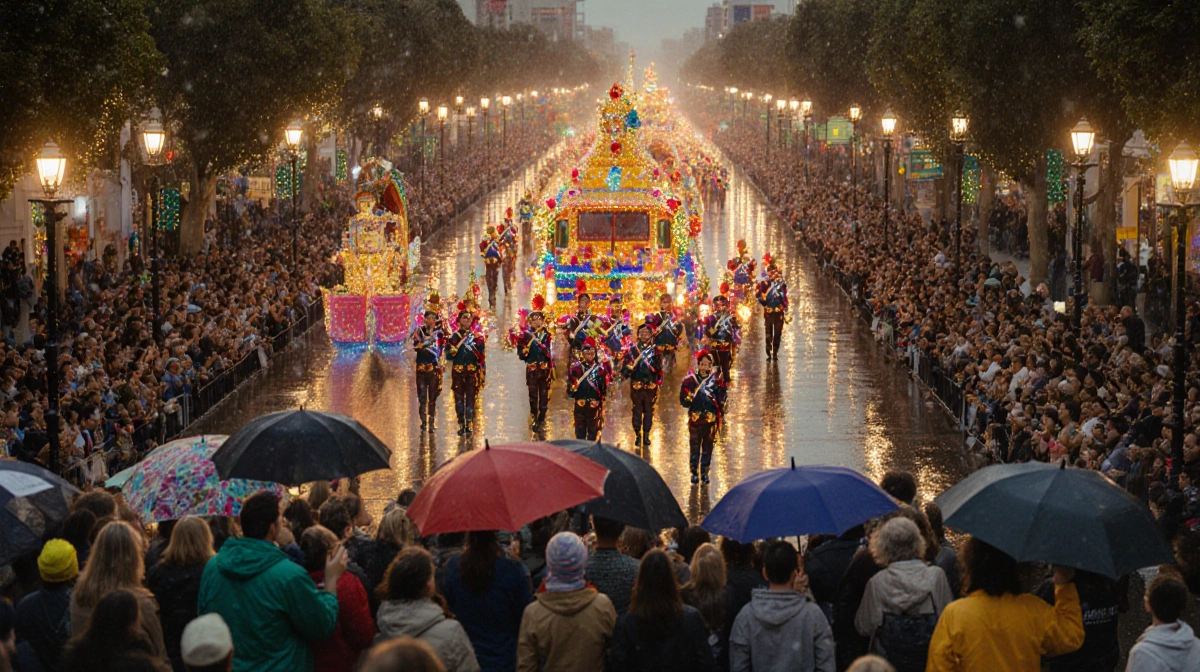 Floats parade past soaked spectators with umbrellas and twinkling lights above.