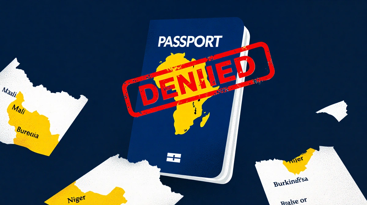 Passport with red 'Denied' stamp yellow Mali Burkina Faso Niger map travel ban torn pages scattered.
