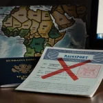 Two passport pages show a U.S. visa sticker and a red X with a blurred map of Mali and Burkina Faso in background