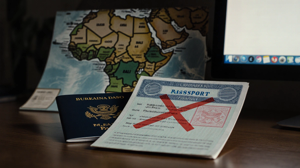 Two passport pages show a U.S. visa sticker and a red X with a blurred map of Mali and Burkina Faso in background