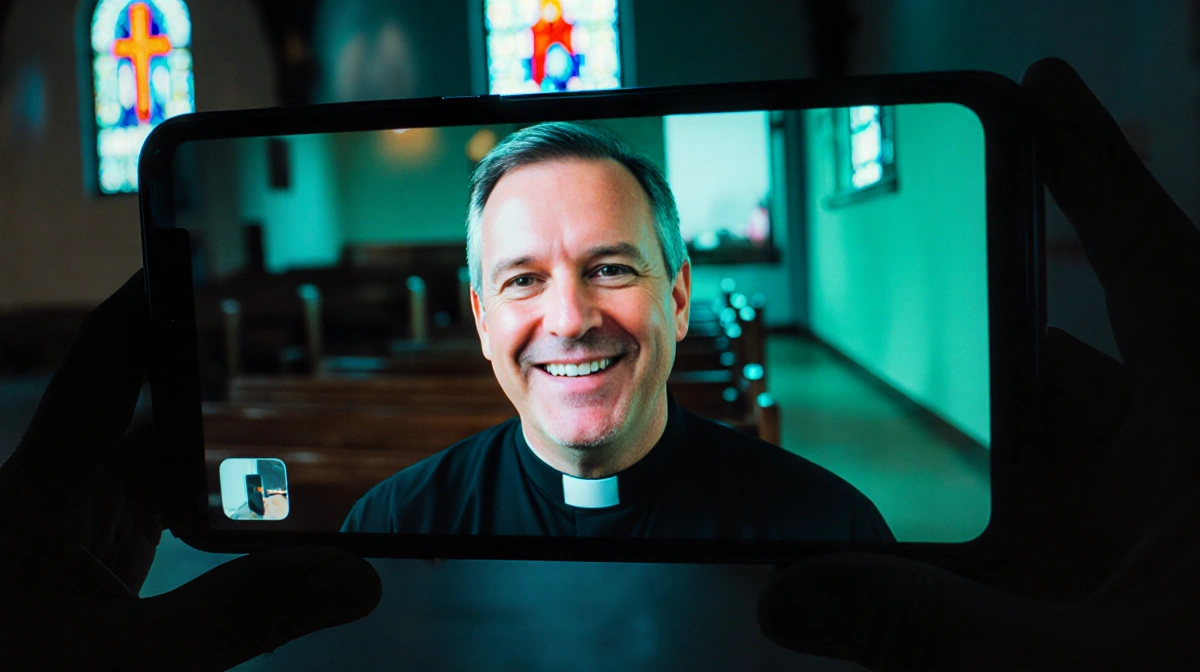 Smartphone screen showing Pastor Mike Schmitz speaking to congregation with distorted blue‑green glow and church background.