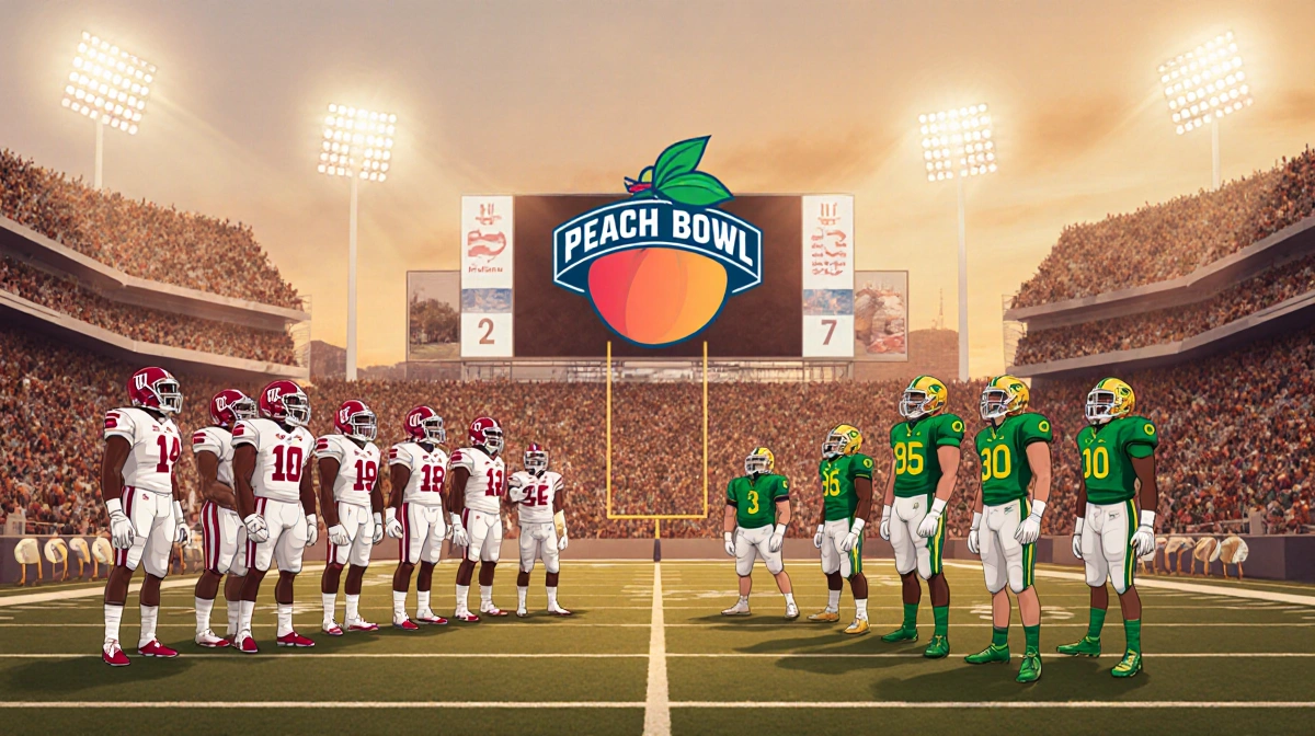 Indiana Hoosiers players standing confidently on the field with Oregon Ducks ready to take on and Peach Bowl logo near scoreb