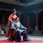 Zhang stands over a chair interrogating a seated man with dramatic Peking opera pose in a dim theater