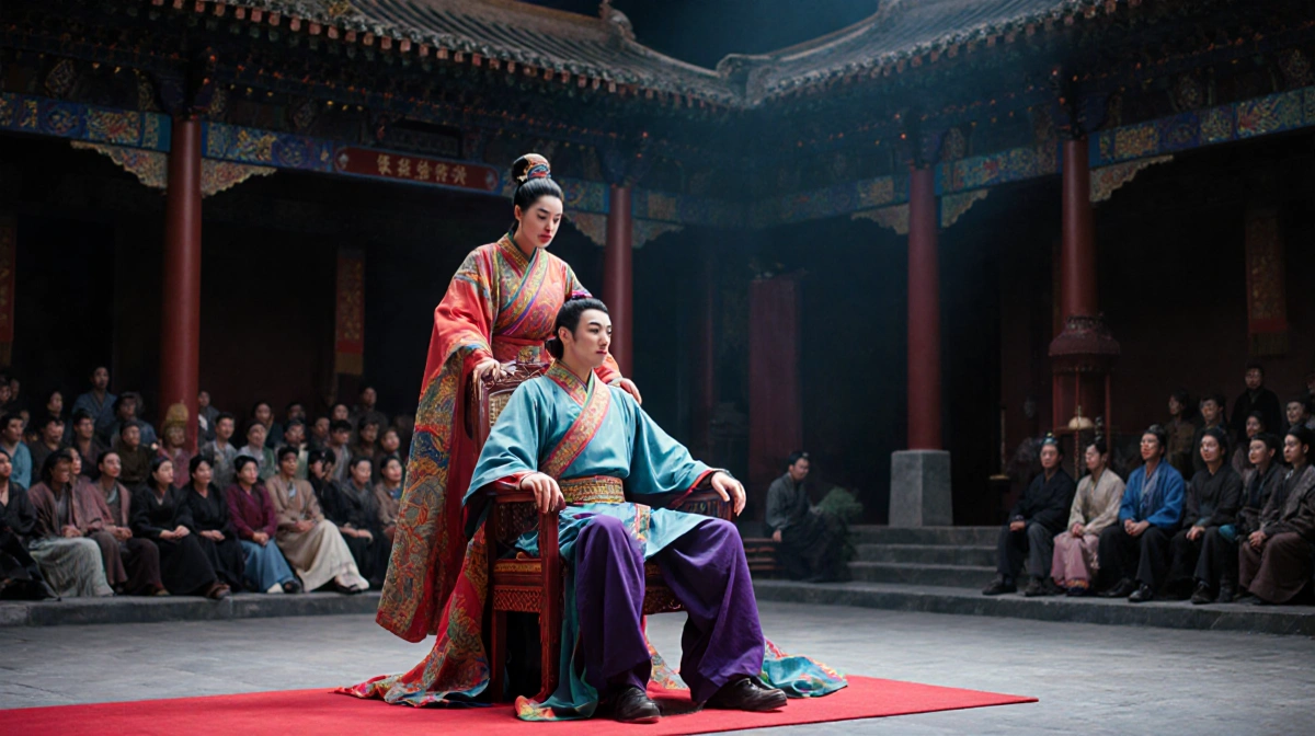 Zhang stands over a chair interrogating a seated man with dramatic Peking opera pose in a dim theater