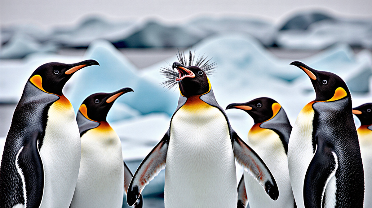 Central penguin squawks with flippers splayed while surrounded by penguins with ruffled feathers icy background