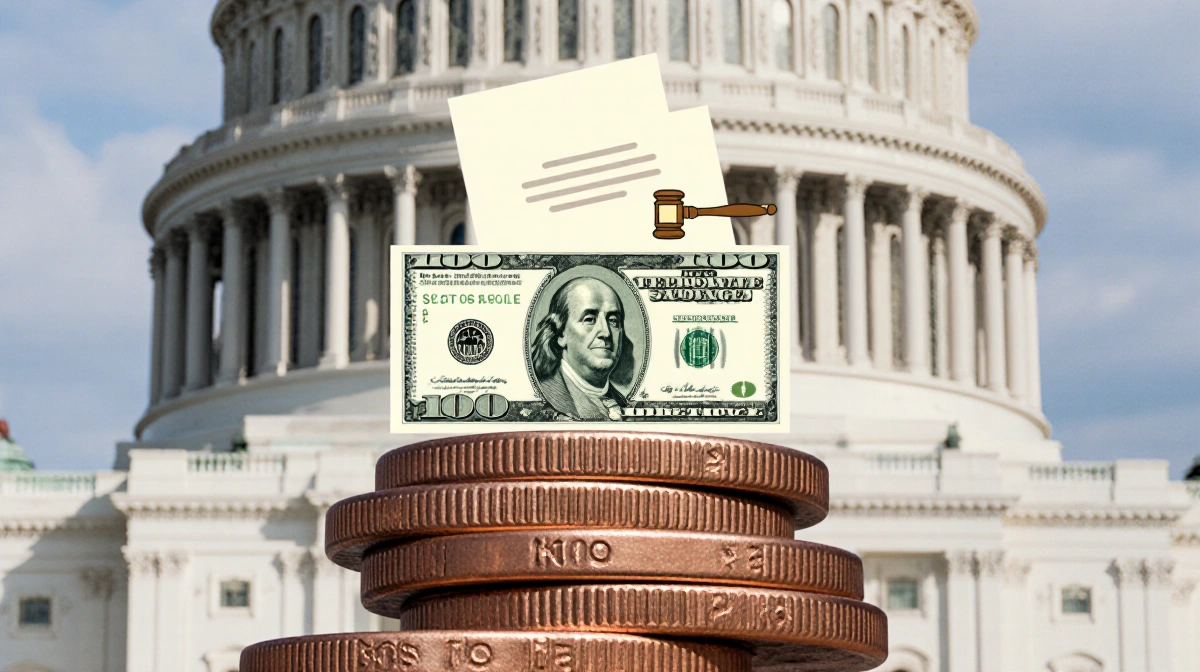 Stack of coins with a dollar bill in the center rests with a gavel on top against a blurred Capitol dome.