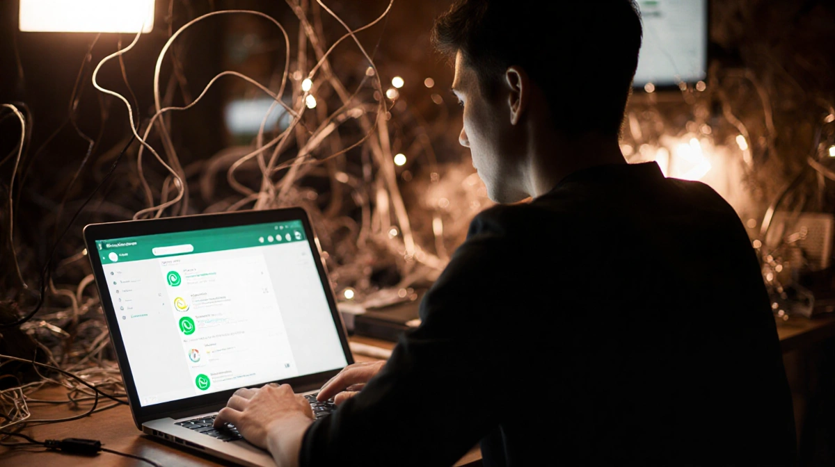 Person sitting at desk with laptop open to WhatsApp and glowing screen surrounded by blurred digital cables and screens in da