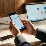Person organizing files on smartphone with laptop nearby in a warm minimalist wood‑textured office.