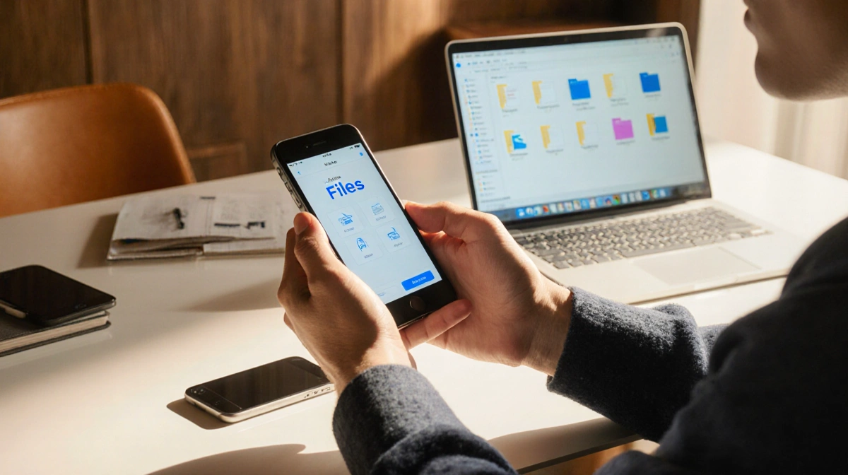 Person organizing files on smartphone with laptop nearby in a warm minimalist wood‑textured office.