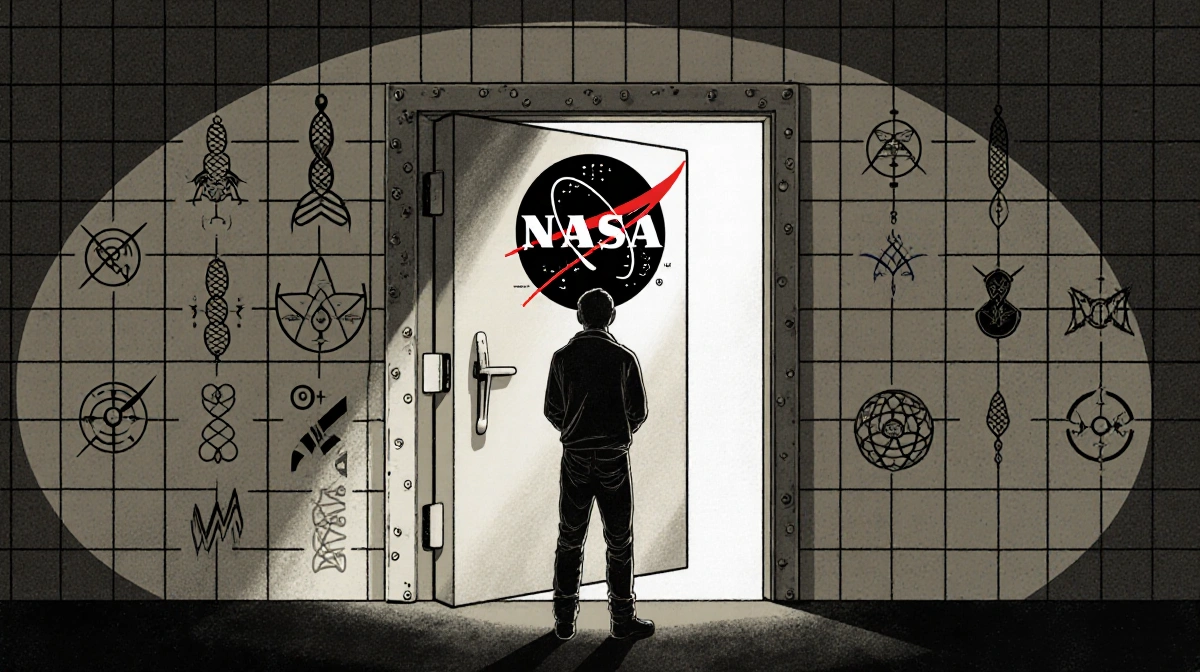 Person standing before a door with NASA logo and open hatch showing bunker with genetic diversity symbols and grid pattern