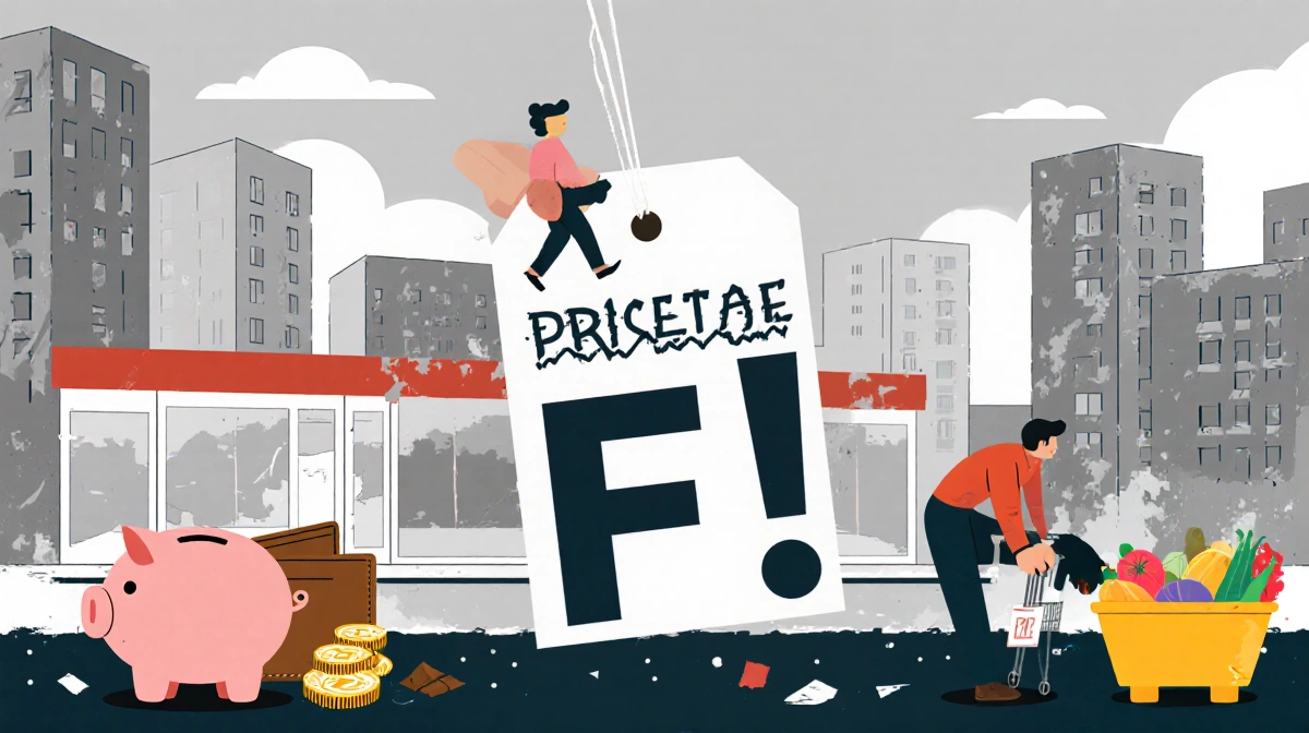 Person holding price tag sign with F and broken piggy bank in bleak cityscape showing affordability.