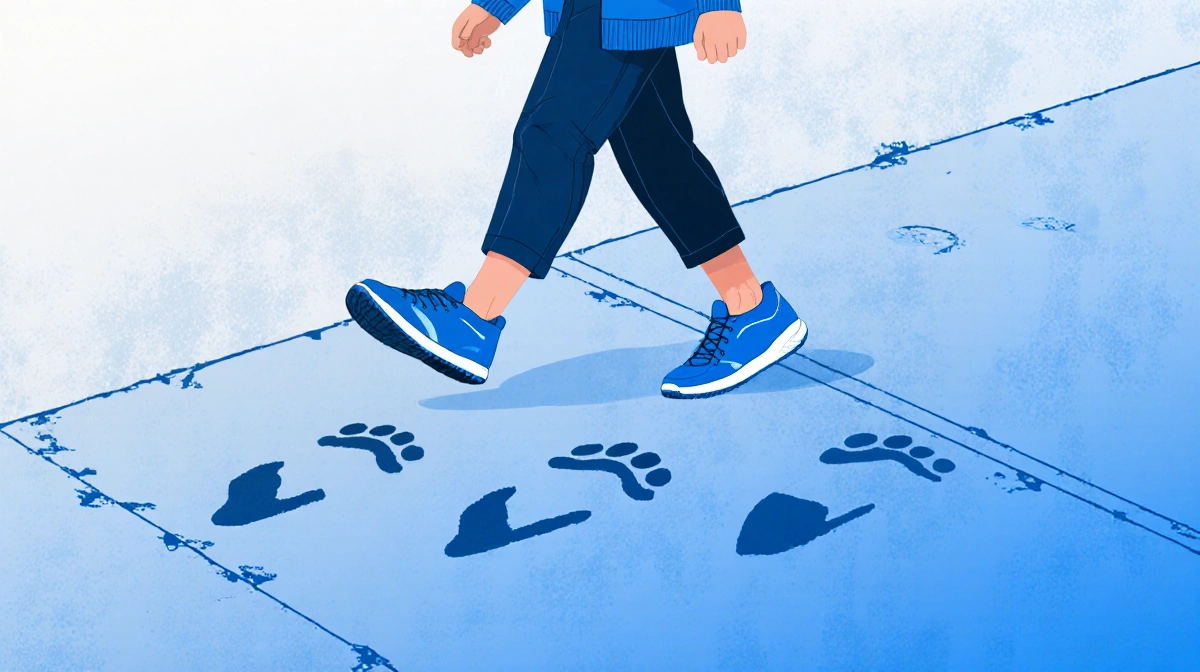 Person walking briskly with blue-tinted worn sidewalk and sneakers leaving clear footprints in a calm early morning urban set