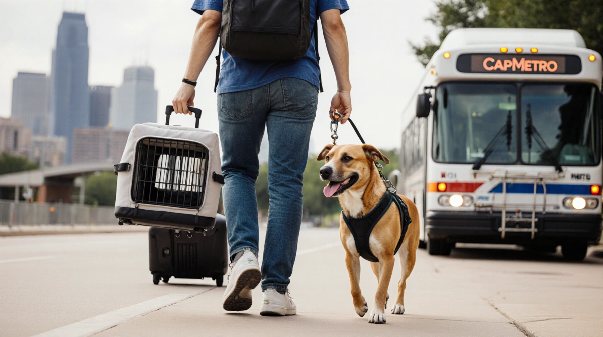 Owner walking dog with crate and leash while carrying backpack near CapMetro bus and Austin skyline.