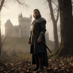Dunk standing alone in misty forest with warm light and distant castle backdrop.