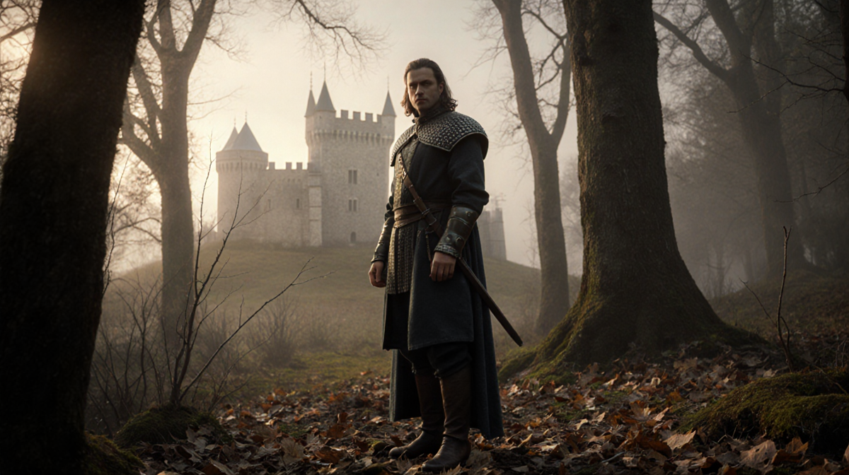 Dunk standing alone in misty forest with warm light and distant castle backdrop.