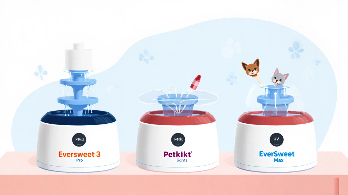 Three Petkit water fountains aligning side by side with foam filter and UV light highlights in a minimalist pet-themed settin