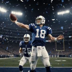 Peyton Manning in a Colts jersey throws a final pass with confetti falling around him and Riley Leonard standing beside him.