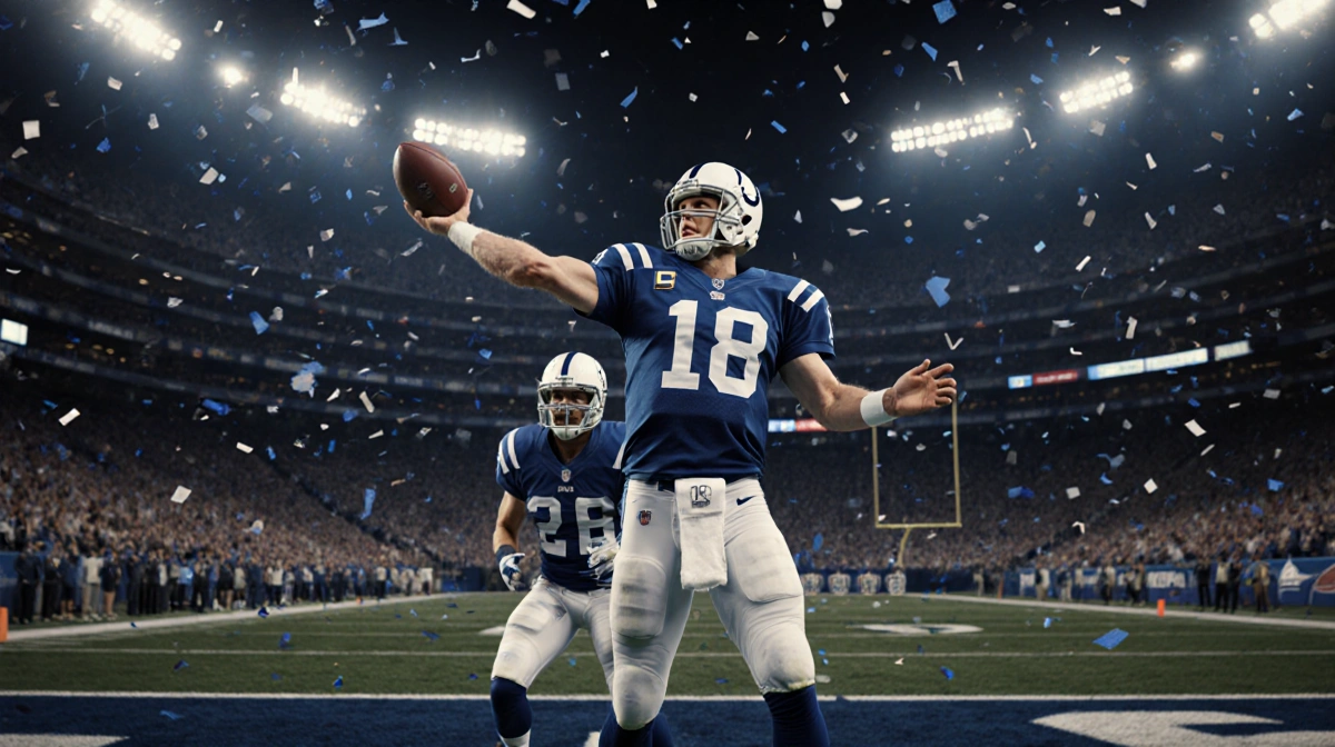 Peyton Manning in a Colts jersey throws a final pass with confetti falling around him and Riley Leonard standing beside him.