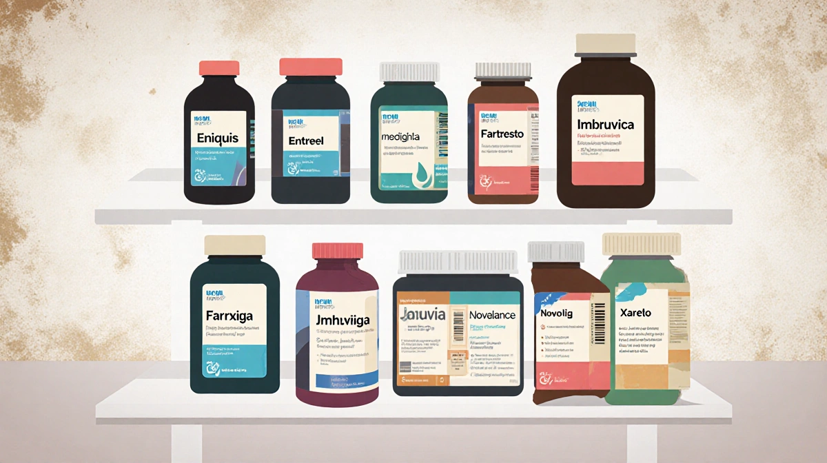 Pharmacy shelf displays discounted medication bottles labeled Eliquis Enbrel Entresto with Discounts and muted background.