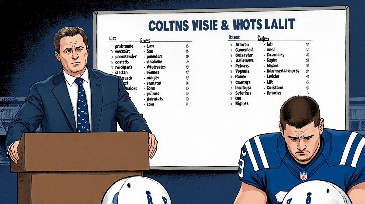 Shane Steichen podium showing Colts roster Philip Rivers looks disappointed beside him with helmets and jerseys in a stadium
